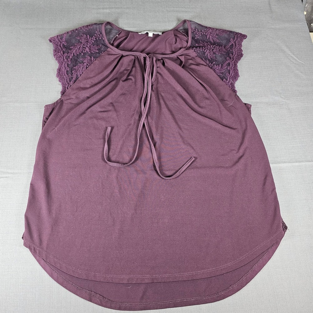 Sweet Rain Plum color Lace Sleeves Tie Neck Blouse Top Plus Size XL Boho
